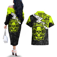 Personalised Electricians Skull Couples Matching Off The Shoulder Long Sleeve Dress and Hawaiian Shirt - Wonder Print Shop