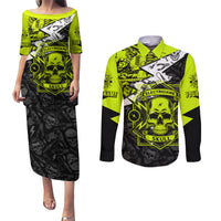 Personalised Electricians Skull Couples Matching Puletasi Dress and Long Sleeve Button Shirts - Wonder Print Shop
