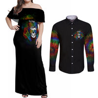 LGBT Rockin The Rainbow Life Skull Couples Matching Off Shoulder Maxi Dress and Long Sleeve Button Shirts - Wonder Print Shop