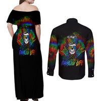 LGBT Rockin The Rainbow Life Skull Couples Matching Off Shoulder Maxi Dress and Long Sleeve Button Shirts - Wonder Print Shop