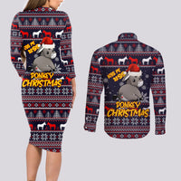 Funny Donkeys Christmas Couples Matching Long Sleeve Bodycon Dress and Long Sleeve Button Shirt Merry Kissmyass - Wonder Print Shop