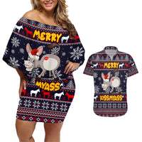 Funny Donkeys Christmas Couples Matching Off Shoulder Short Dress and Hawaiian Shirt Merry Kissmyass - Wonder Print Shop