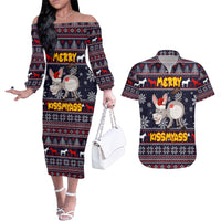 Funny Donkeys Christmas Couples Matching Off The Shoulder Long Sleeve Dress and Hawaiian Shirt Merry Kissmyass - Wonder Print Shop