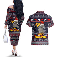 Funny Donkeys Christmas Couples Matching Off The Shoulder Long Sleeve Dress and Hawaiian Shirt Merry Kissmyass - Wonder Print Shop