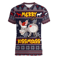 Funny Donkeys Christmas Women V Neck T Shirt Merry Kissmyass - Wonder Print Shop