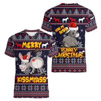 Funny Donkeys Christmas Women V Neck T Shirt Merry Kissmyass - Wonder Print Shop