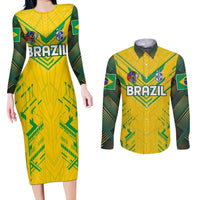 Brazil Football 2024 Couples Matching Long Sleeve Bodycon Dress and Long Sleeve Button Shirt Selecao Bright Yellow - Wonder Print Shop