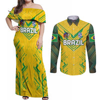 Brazil Football 2024 Couples Matching Off Shoulder Maxi Dress and Long Sleeve Button Shirt Selecao Bright Yellow - Wonder Print Shop