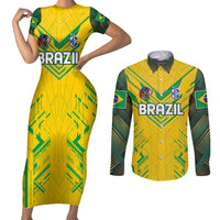 Brazil Football 2024 Couples Matching Short Sleeve Bodycon Dress and Long Sleeve Button Shirt Selecao Bright Yellow - Wonder Print Shop