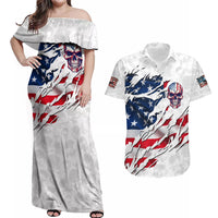American Flag Skull Couples Matching Off Shoulder Maxi Dress and Hawaiian Shirt - Wonder Print Shop