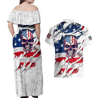 American Flag Skull Couples Matching Off Shoulder Maxi Dress and Hawaiian Shirt - Wonder Print Shop