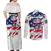 American Flag Skull Couples Matching Off Shoulder Maxi Dress and Long Sleeve Button Shirt - Wonder Print Shop