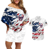 American Flag Skull Couples Matching Off Shoulder Short Dress and Hawaiian Shirt - Wonder Print Shop