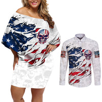 American Flag Skull Couples Matching Off Shoulder Short Dress and Long Sleeve Button Shirt - Wonder Print Shop