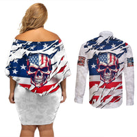 American Flag Skull Couples Matching Off Shoulder Short Dress and Long Sleeve Button Shirt - Wonder Print Shop