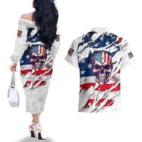 American Flag Skull Couples Matching Off The Shoulder Long Sleeve Dress and Hawaiian Shirt - Wonder Print Shop