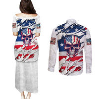 American Flag Skull Couples Matching Puletasi Dress and Long Sleeve Button Shirt - Wonder Print Shop
