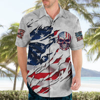 White short-sleeve Hawaiian shirt with skull American flag print, button-front collar.