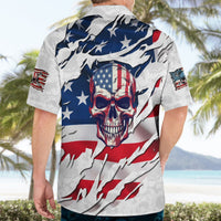 Back view: white short-sleeve Hawaiian shirt with skull American flag graphic.