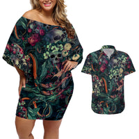 Couples matching off-shoulder short dress and Hawaiian shirt set, green skull & snake print