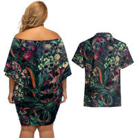 Couples matching off-shoulder dress and Hawaiian shirt set, back view of green skull & snake print