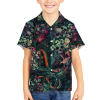 Kids green Hawaiian shirt with skulls, snakes, flowers, and button-up collar