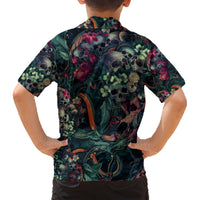 Kids green Hawaiian shirt with skulls, snakes, and floral print, button-up back