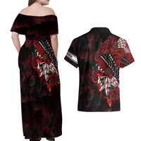 Personalised Native American Chief Skull Couples Matching Off Shoulder Maxi Dress and Hawaiian Shirt Rose Skull - Wonder Print Shop