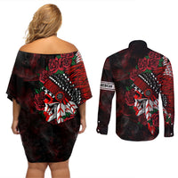 Personalised Native American Chief Skull Couples Matching Off Shoulder Short Dress and Long Sleeve Button Shirts Rose Skull - Wonder Print Shop