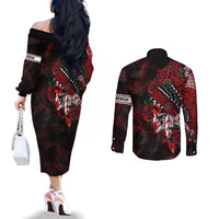 personalised-native-american-chief-skull-couples-matching-off-the-shoulder-long-sleeve-dress-and-long-sleeve-button-shirts-rose-skull