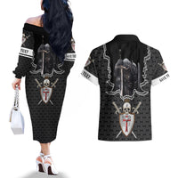 Personalised Knights Templar Warrior Skull Couples Matching Off The Shoulder Long Sleeve Dress and Hawaiian Shirt - Wonder Print Shop