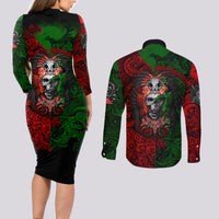 Skulls Aztec Warriors Couples Matching Long Sleeve Bodycon Dress and Long Sleeve Button Shirts - Wonder Print Shop