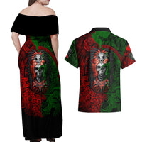 Skulls Aztec Warriors Couples Matching Off Shoulder Maxi Dress and Hawaiian Shirt - Wonder Print Shop