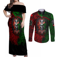 Skulls Aztec Warriors Couples Matching Off Shoulder Maxi Dress and Long Sleeve Button Shirts - Wonder Print Shop
