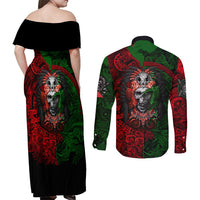 Skulls Aztec Warriors Couples Matching Off Shoulder Maxi Dress and Long Sleeve Button Shirts - Wonder Print Shop