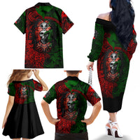 Skulls Aztec Warriors Family Matching Off Shoulder Long Sleeve Dress and Hawaiian Shirt - Wonder Print Shop