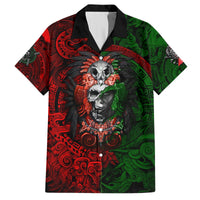 Black button-up Hawaiian shirt with red and green skull warrior Aztec print, short sleeves