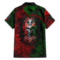 Black button-up Hawaiian shirt with red and green skull warrior Aztec print, short sleeves
