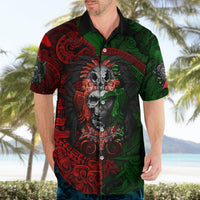 Black button-up Hawaiian shirt with red/green skull warrior Aztec print, open collar
