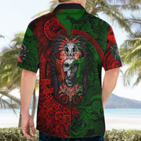 Black button-up Hawaiian shirt with red/green skull warrior Aztec print, back view