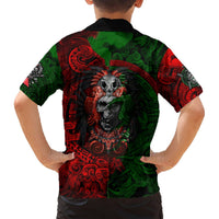 Kids black button-up Hawaiian shirt with red/green skull warrior Aztec print, back view