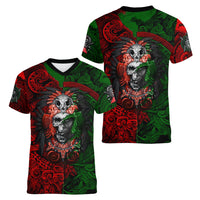 Skulls Aztec Warriors Women V Neck T Shirt - Wonder Print Shop