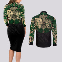 Aztec Warrior Skulls Couples Matching Long Sleeve Bodycon Dress and Long Sleeve Button Shirts - Wonder Print Shop