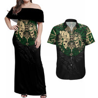 Aztec Warrior Skulls Couples Matching Off Shoulder Maxi Dress and Hawaiian Shirt - Wonder Print Shop