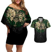 Aztec Warrior Skulls Couples Matching Off Shoulder Short Dress and Hawaiian Shirt - Wonder Print Shop