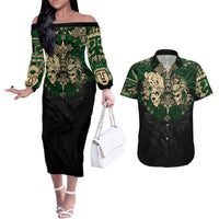 Aztec Warrior Skulls Couples Matching Off The Shoulder Long Sleeve Dress and Hawaiian Shirt - Wonder Print Shop