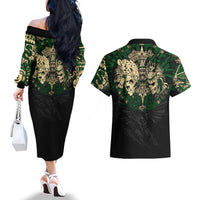 Aztec Warrior Skulls Couples Matching Off The Shoulder Long Sleeve Dress and Hawaiian Shirt - Wonder Print Shop