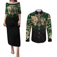 Aztec Warrior Skulls Couples Matching Puletasi Dress and Long Sleeve Button Shirts - Wonder Print Shop
