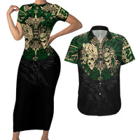 Aztec Warrior Skulls Couples Matching Short Sleeve Bodycon Dress and Hawaiian Shirt - Wonder Print Shop