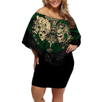 Aztec Warrior Skulls Family Matching Off Shoulder Short Dress and Hawaiian Shirt - Wonder Print Shop